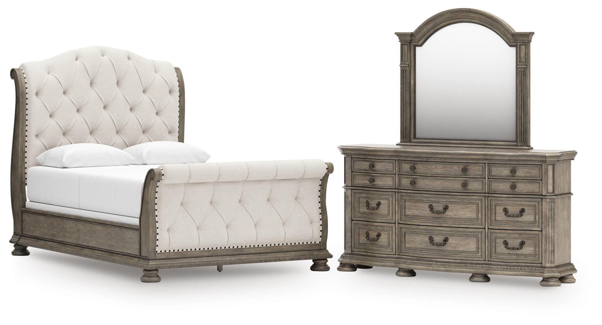 Ardenfield Queen Upholstered Sleigh Bed, Dresser and Mirror Signature Design by Ashley® Bedroom