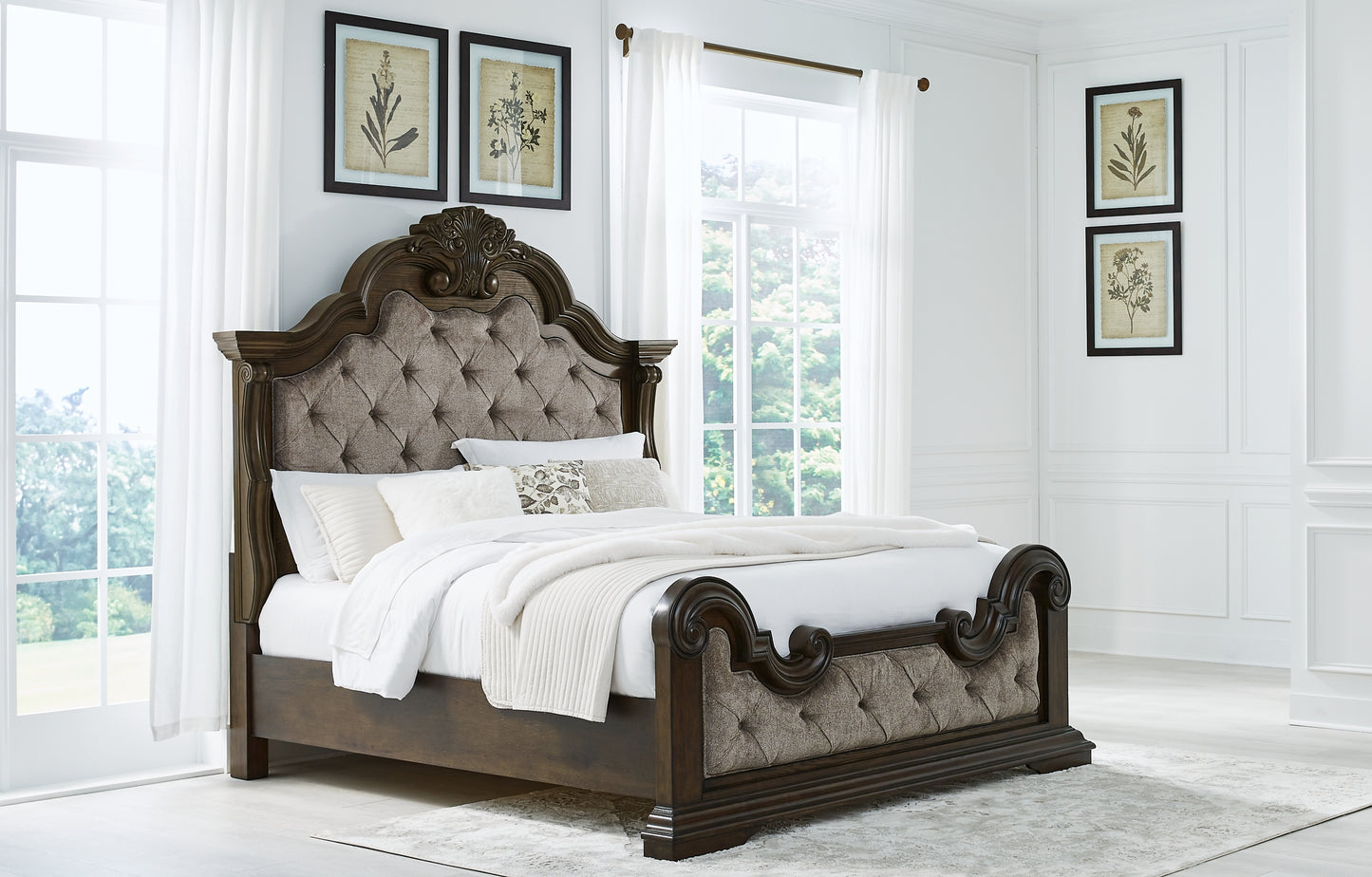 Maylee California King Upholstered Bed, Dresser and Mirror