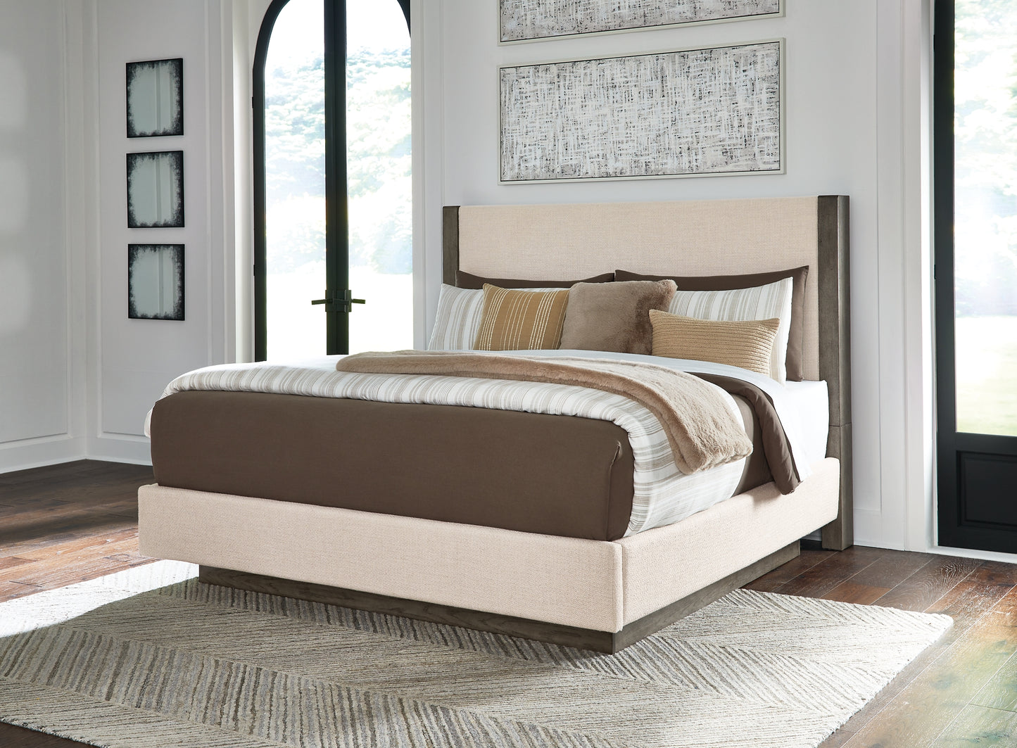 Anibecca Queen Upholstered Panel Bed, Dresser and Mirror