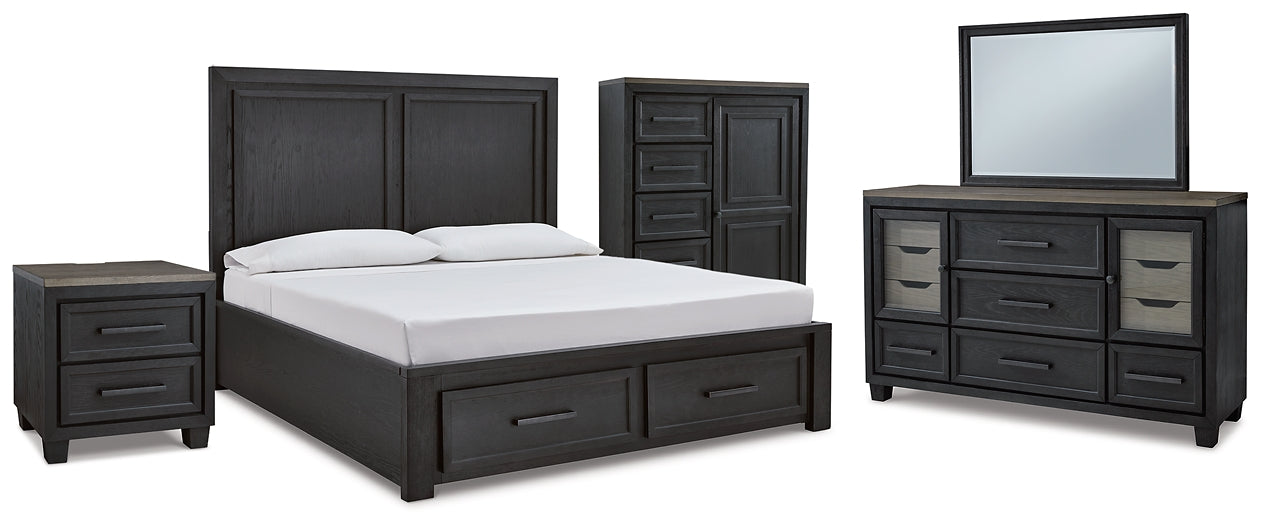 Foyland Cal King Panel Storage Bed, Dresser, Mirror, Chest and Nightstand