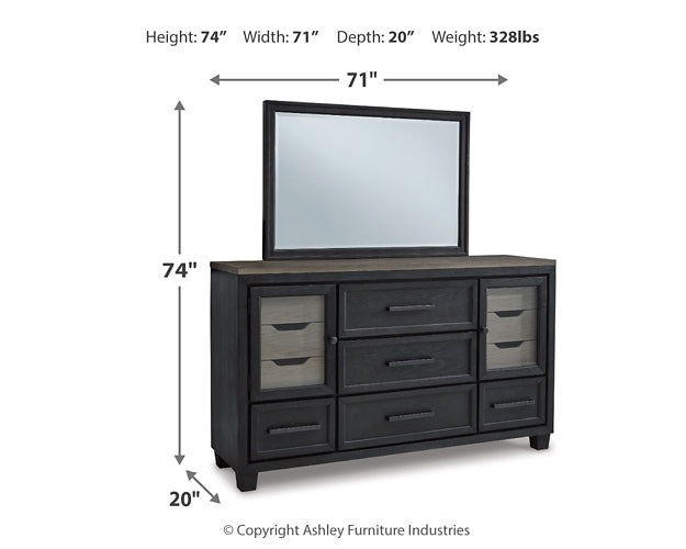 Foyland Cal King Panel Storage Bed, Dresser, Mirror, Chest and Nightstand