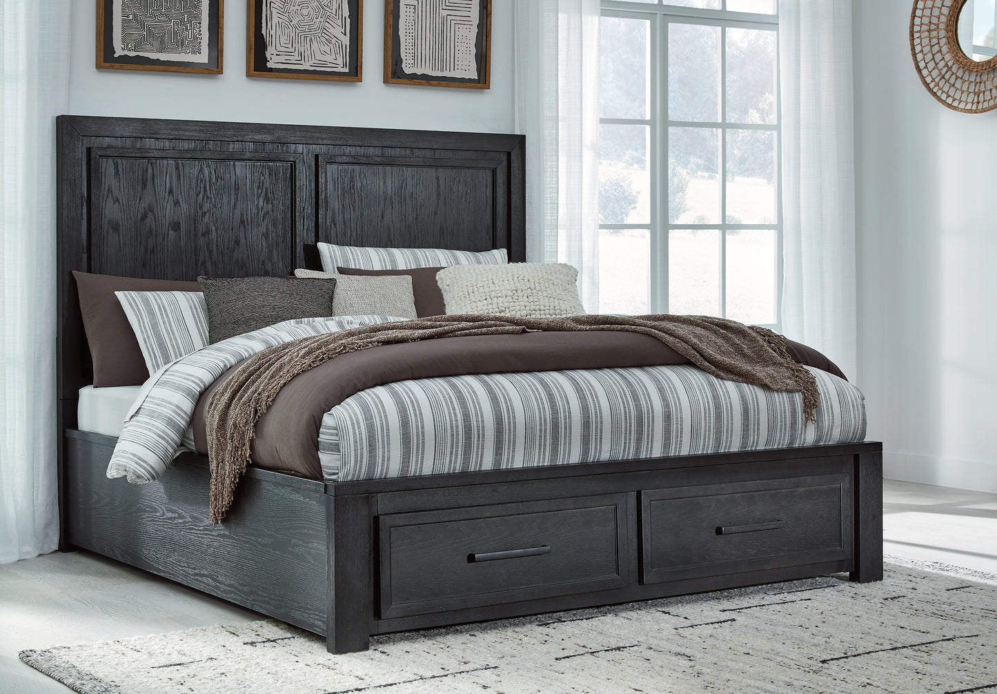 Foyland Cal King Panel Storage Bed, Dresser, Mirror, Chest and Nightstand