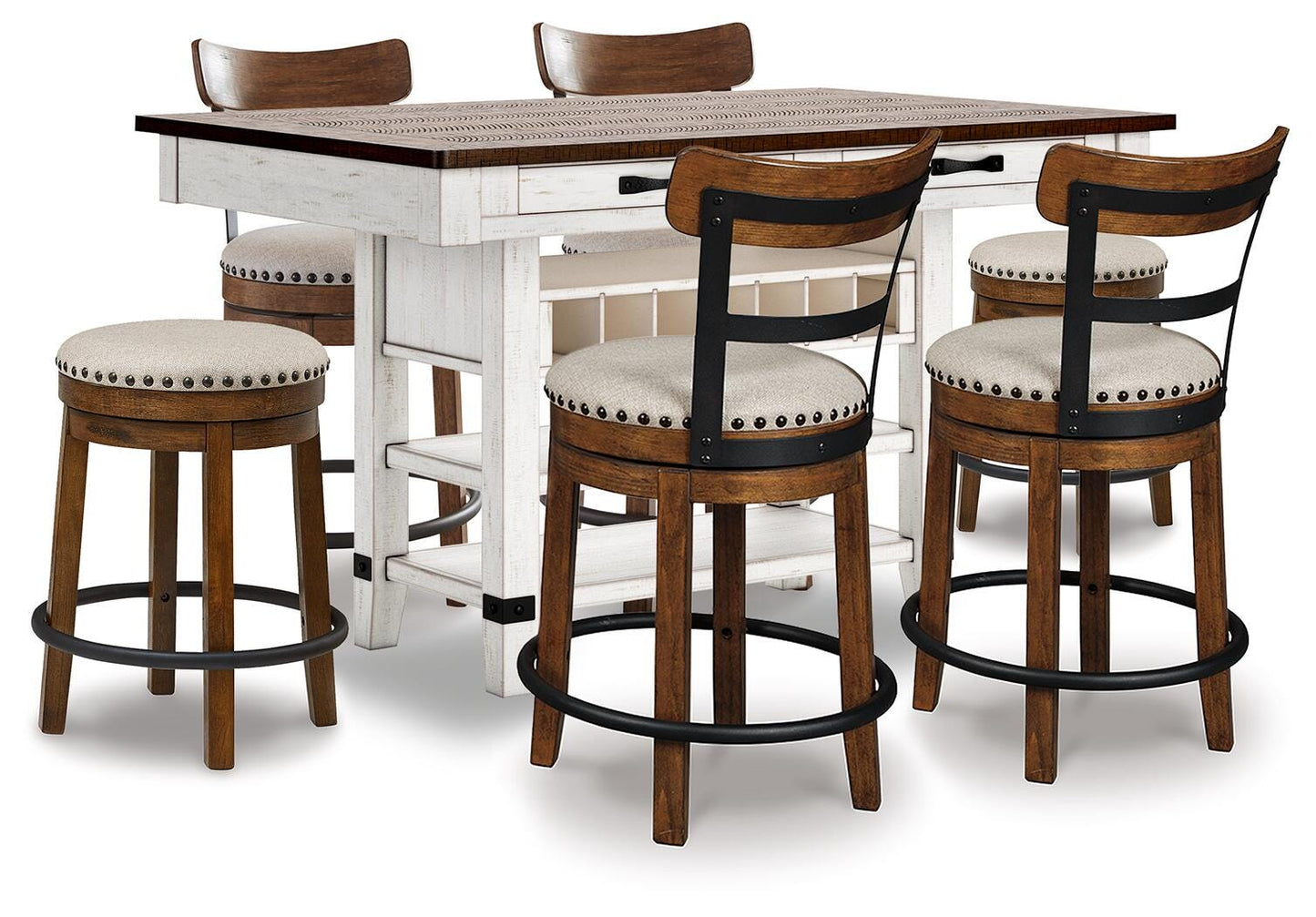 Valebeck Counter Table, 4 Back Stools and 2 Backless (D36)