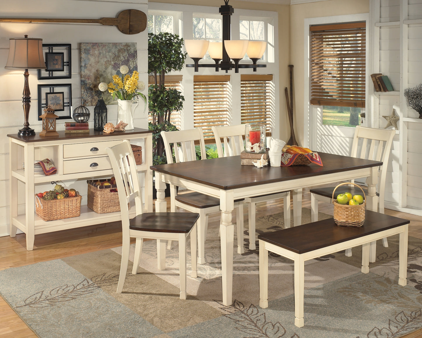 Whitesburg Dining Table, 4 Chairs, Bench and Server