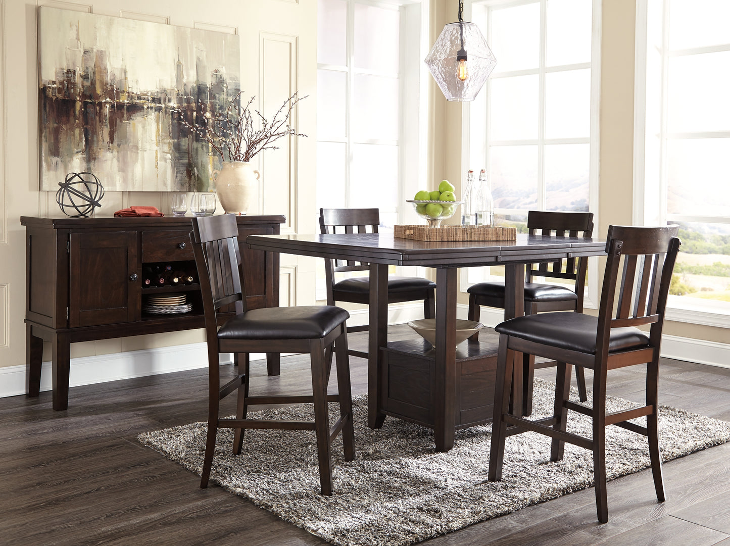 Haddigan Counter Height Dining Table, 4 Barstools and Server