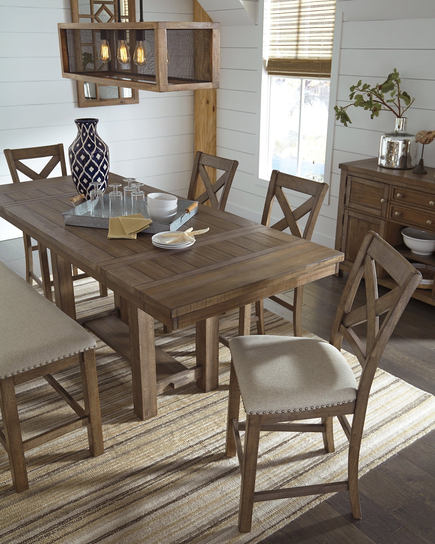 Moriville Counter Height Dining Table, 4 Barstools and Server