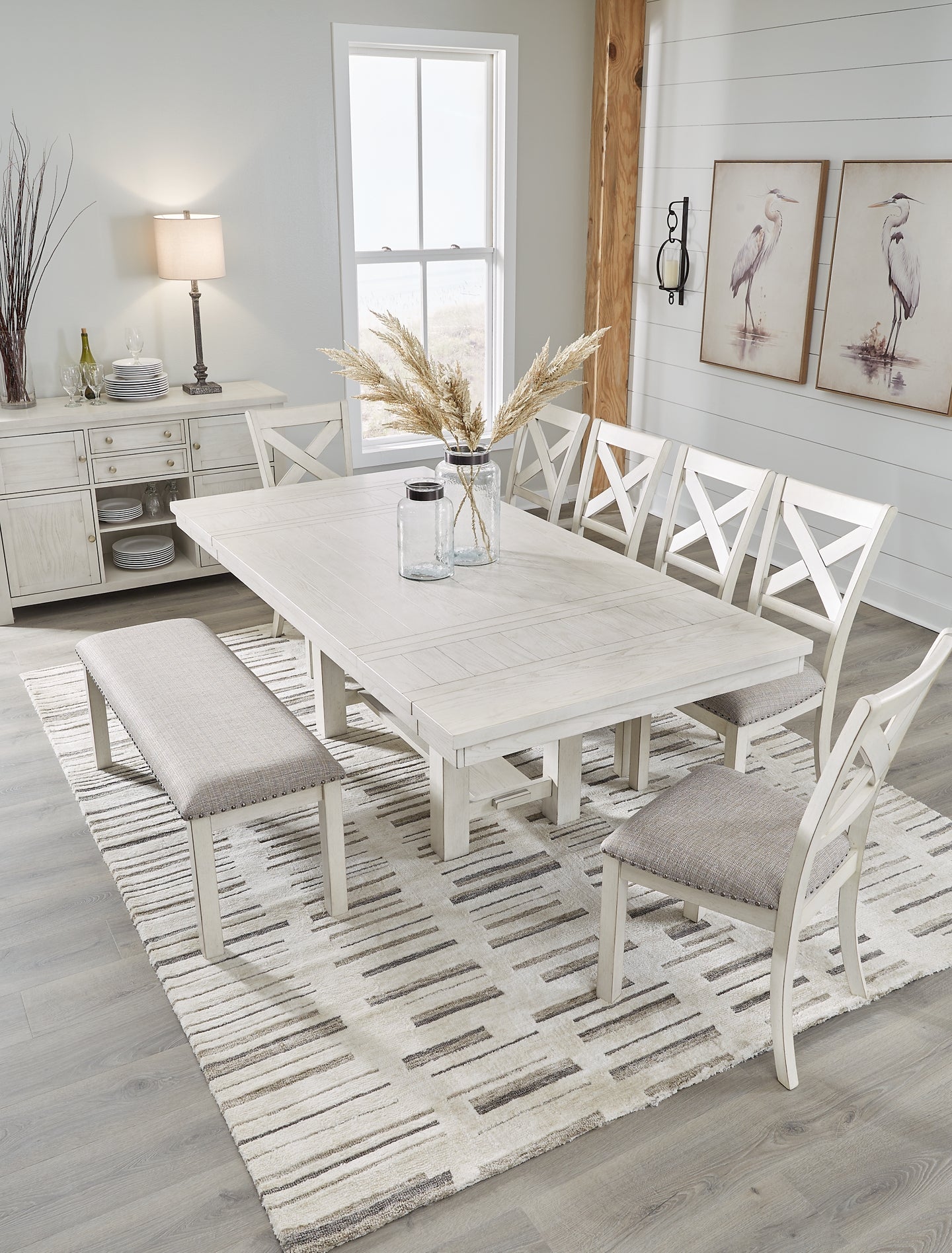 Farmhouse Style White Wood Kitchen Table Set 6-Piece Wooden