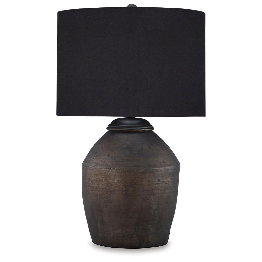 Naareman Table Lamp — Metallic black terra cotta with a drum shade Signature Design by Ashley® Lighting
