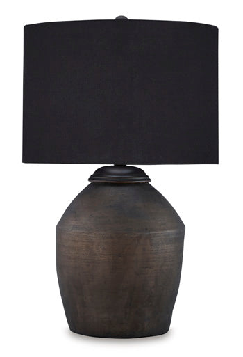 Naareman Table Lamp — Metallic black terra cotta with a drum shade Signature Design by Ashley® Lighting
