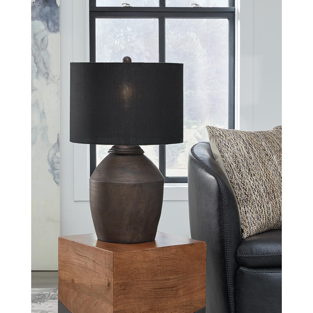 Naareman Table Lamp — Metallic black terra cotta with a drum shade Signature Design by Ashley® Lighting