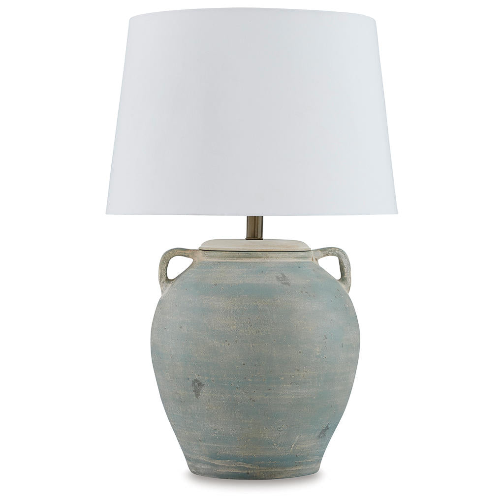 Shawburg Table Lamp — Antiqued green terra cotta under a drum shade Signature Design by Ashley® Lighting