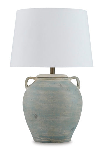 Shawburg Table Lamp — Antiqued green terra cotta under a drum shade Signature Design by Ashley® Lighting
