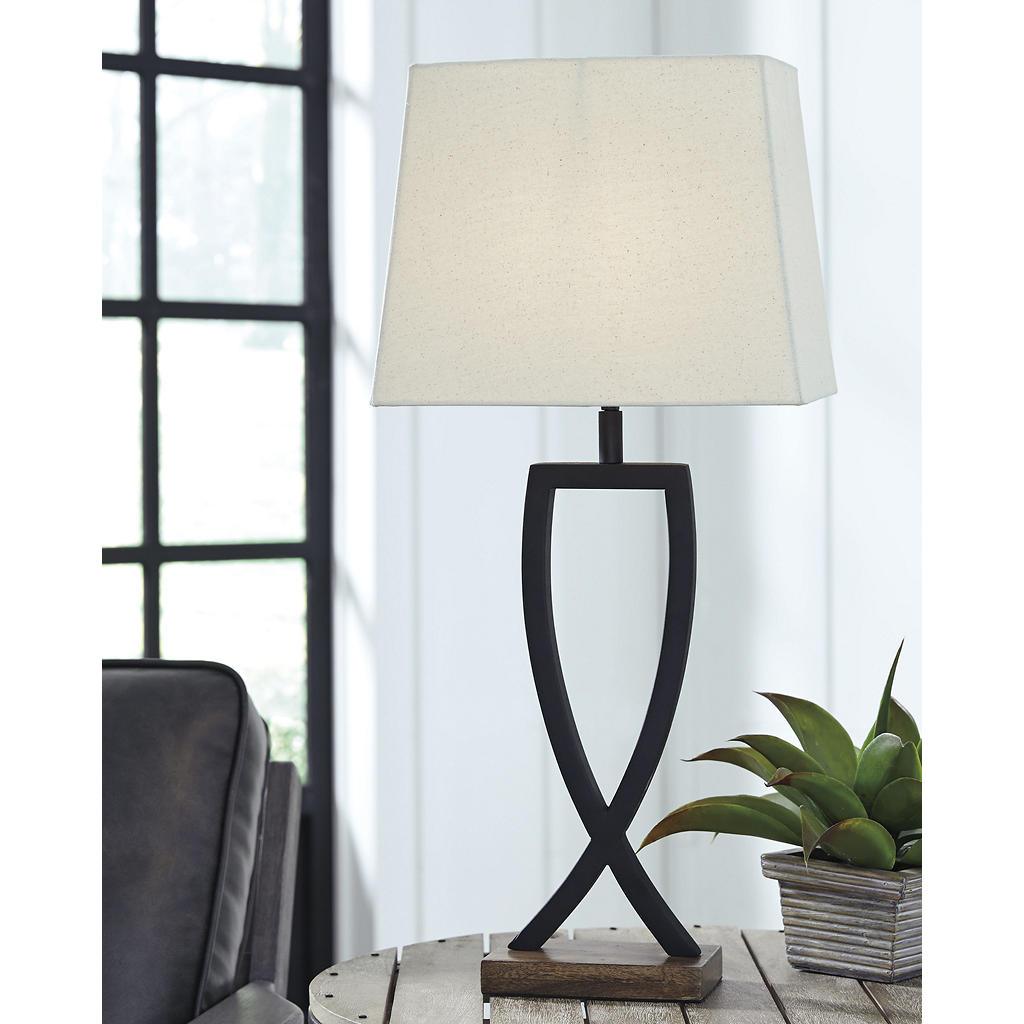 Makara Table Lamp Set of 2 — Textured Black Metal and Wood Signature Design by Ashley® Lighting