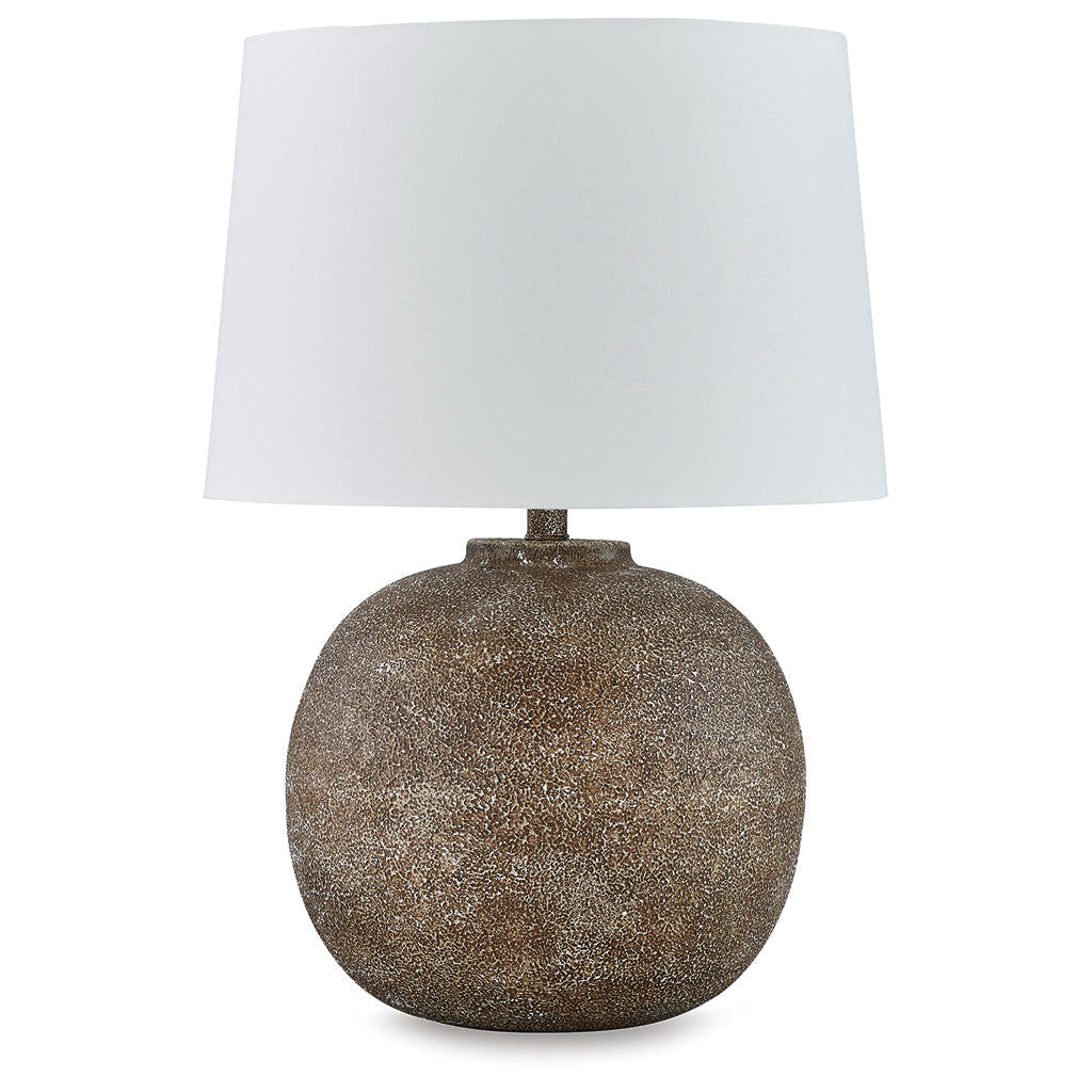 Neavesboro Table Lamp — Antiqued brown-and-white metal with drum shade Signature Design by Ashley® Lighting
