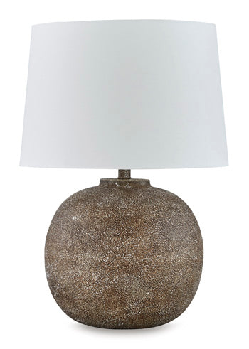 Neavesboro Table Lamp — Antiqued brown-and-white metal with drum shade Signature Design by Ashley® Lighting