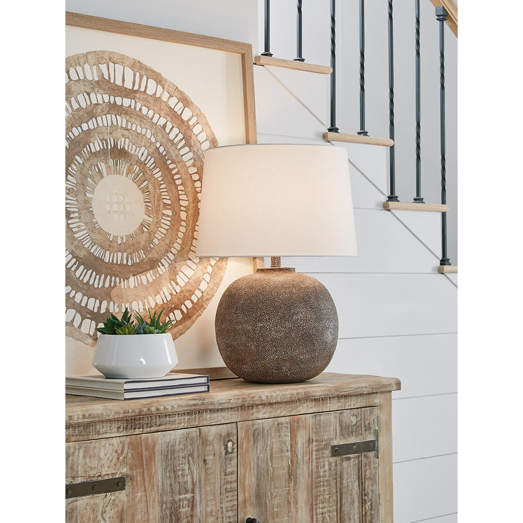 Neavesboro Table Lamp — Antiqued brown-and-white metal with drum shade Signature Design by Ashley® Lighting