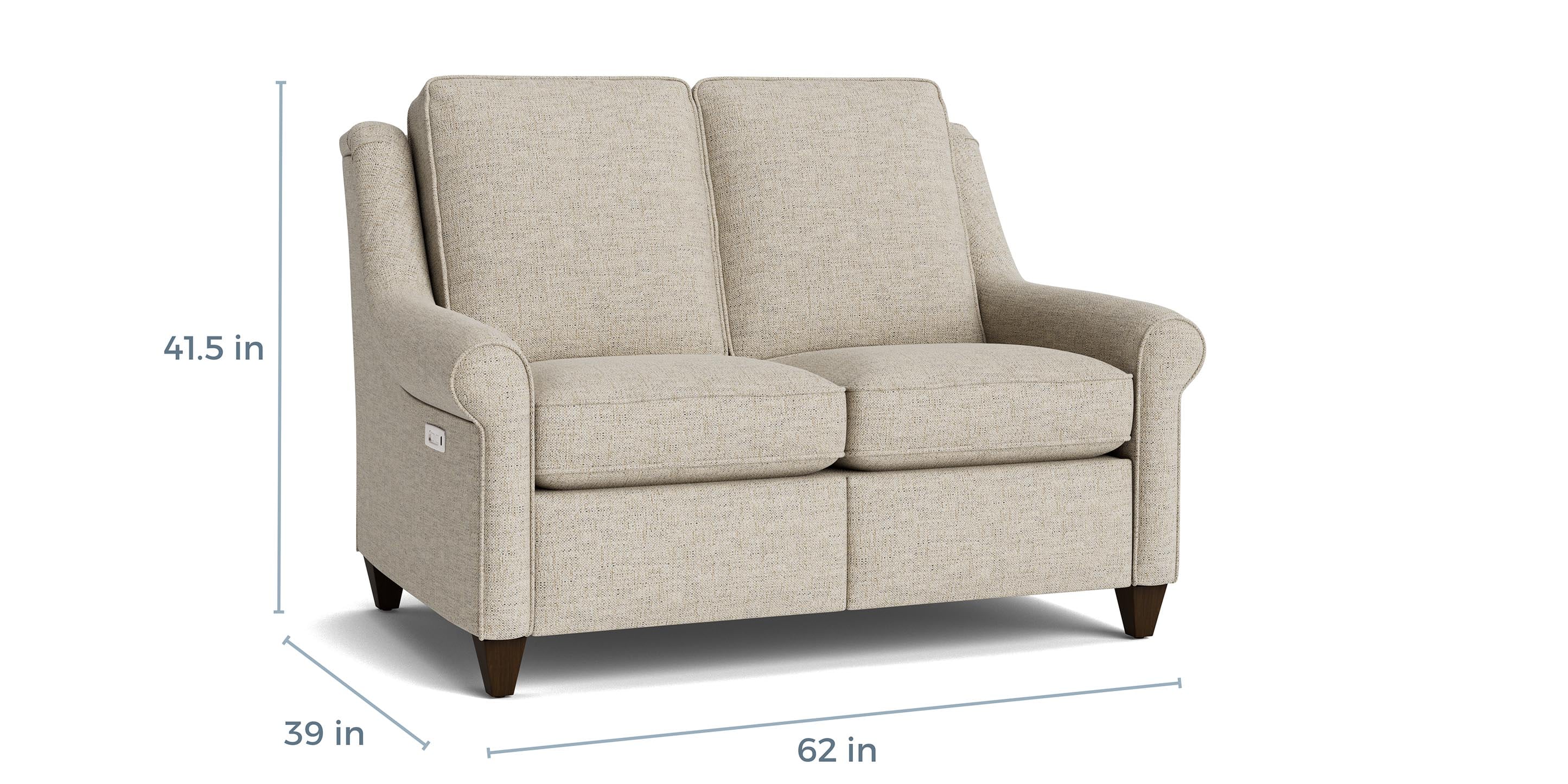 Bassett Magnificent Tall Reclining Loveseat — Power Recline, Your Fabric — dimensions