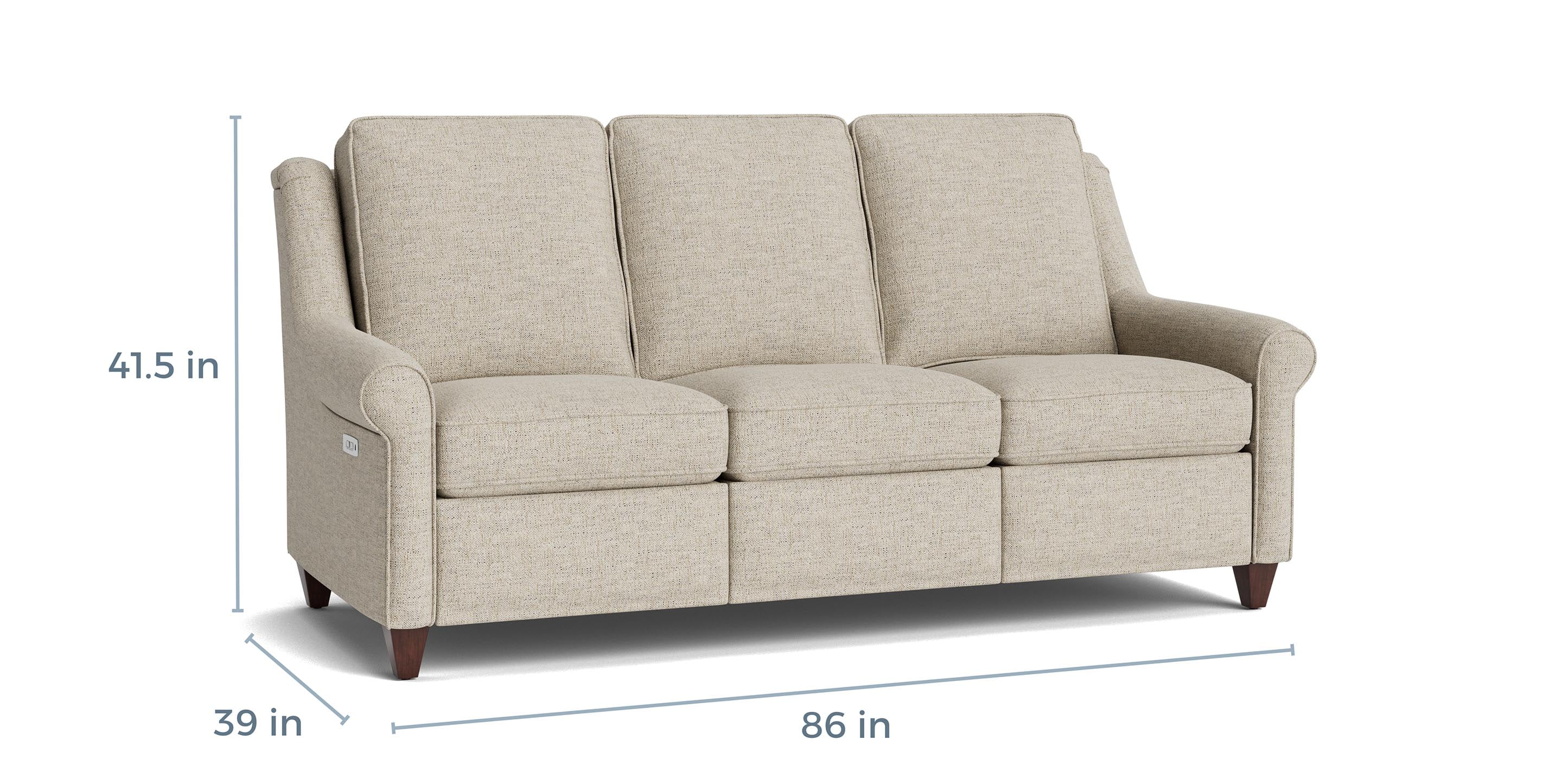 Bassett Magnificent Tall Reclining Sofa — Power Headrests, Custom Fabric — dimensions