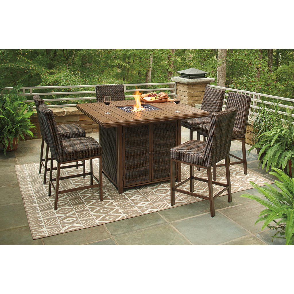 Paradise Trail Outdoor Bar Fire Pit Table with 6 Barstools Signature Design by Ashley® Uncategorized