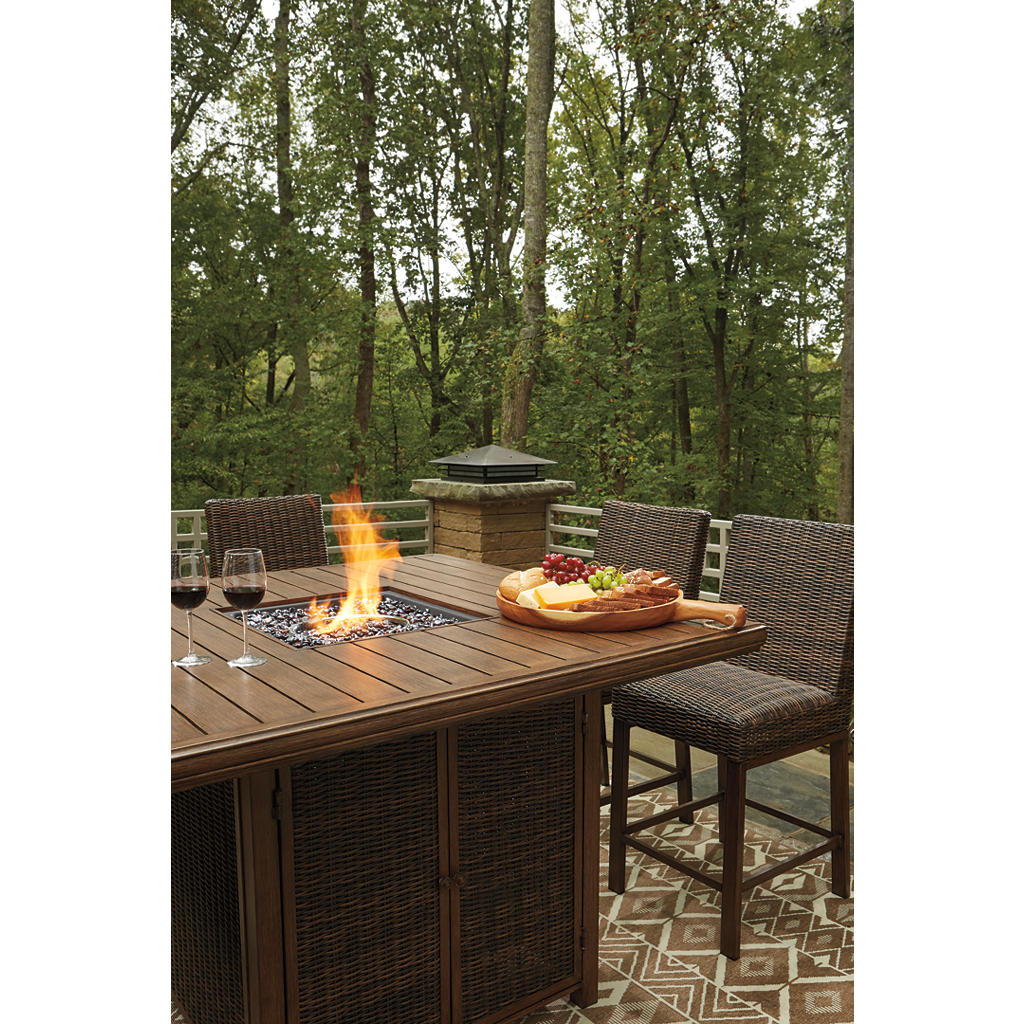 Paradise Trail Outdoor Bar Fire Pit Table with 6 Barstools Signature Design by Ashley® Uncategorized