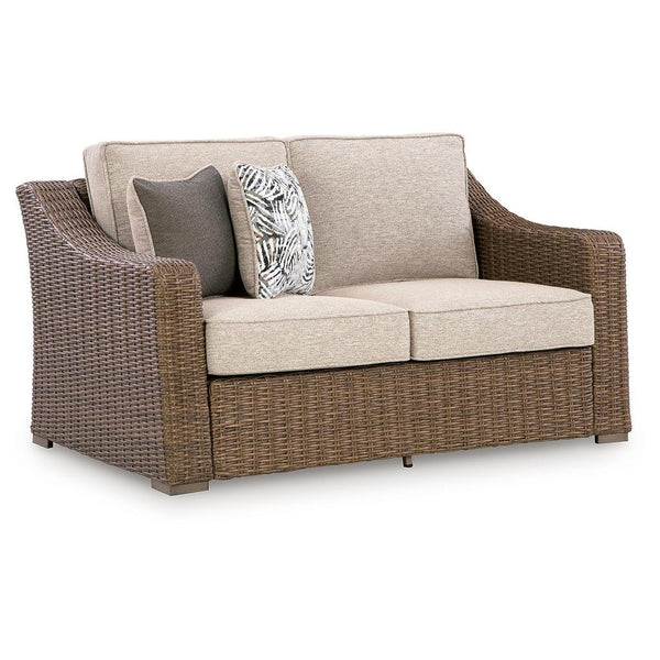 Laguna Heights Outdoor Loveseat with Cushion — Beige Signature Design by Ashley® Outdoor