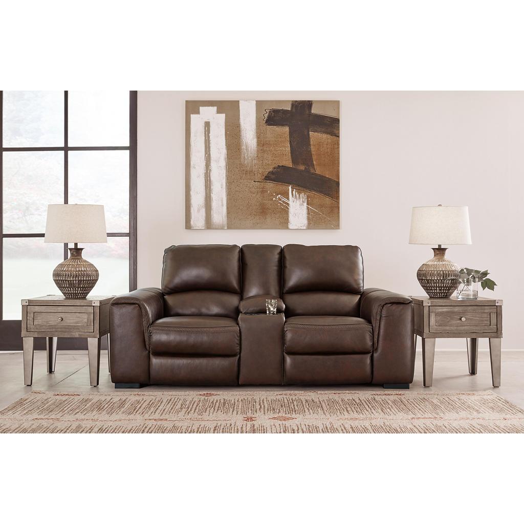 Alessandro Power Loveseat with Console — Walnut Leather Pair Signature Design by Ashley® Living Room