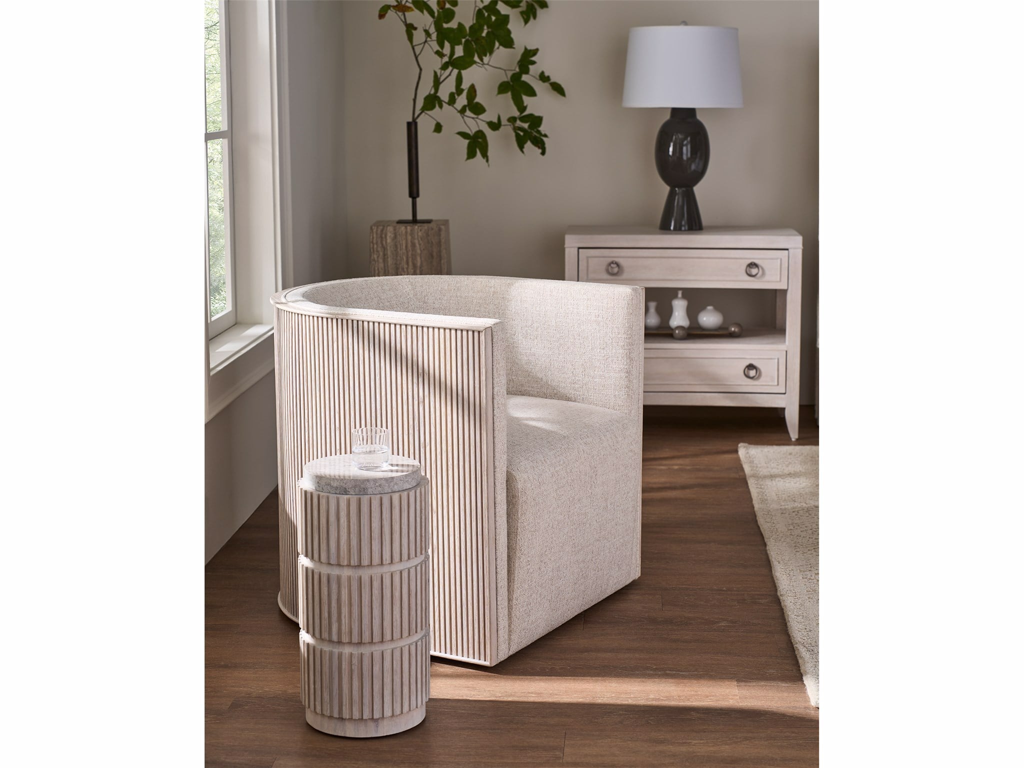 Universal Furniture Avaline Tanner Swivel Chair — Monique Linen — White Oak — Avaline Collection